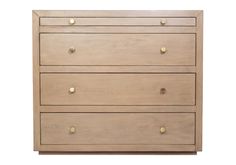 the chest of drawers is made from wood and has brass knobs on each drawer