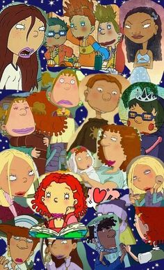 the many faces of cartoon characters in different colors and sizes, including one girl with red hair