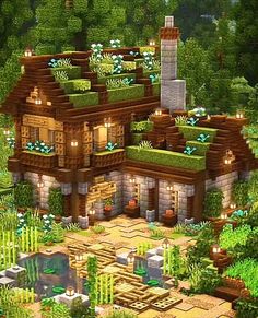 a very nice looking house with lots of plants on the roof and some bushes around it