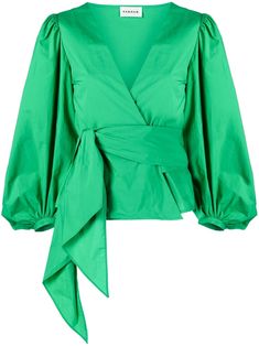 emerald green cotton wraparound style V-neck long sleeves fitted-cuff sleeves tied waist straight hem