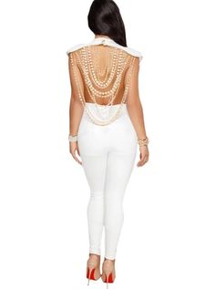 Sexy pearl chain backless jumpsuit White Pants Outfit, Bandage Jumpsuits, Hot Jumpsuits, Backless Jumpsuit, Designer Jumpsuits, Jumpsuit Elegant, Jumpsuit Party, Mini Robes, Maxi Robes