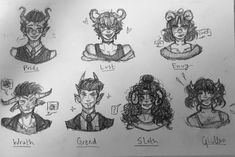 some drawings of different people with horns on their heads