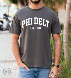 This is the perfect Phi Delta Theta (Phi Delt) Fraternity t-shirt for lounging around, or for casual every day wear! This Phi Delta Theta Fraternity t-shirt will quickly become your go-to shirt! Soft, comfy, made from high quality heavyweight material, and printed here in the USA. Grab one for yourself, your brother, or give it as a gift to your son or grandson in college Greek Life! **LISTING IS FOR PHI DELTA THETA Fraternity. Please be sure you are ordering for your correct Fraternity organiza Kappa Alpha Order, Phi Kappa Psi, Alpha Tau Omega, Sigma Alpha Epsilon, Kappa Kappa Psi, Alpha Fraternity, Sigma Kappa, Kappa Delta, Greek Life