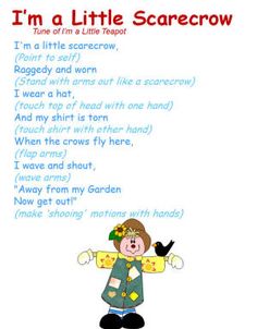 "I'm a Little Scarecrow" Song with motions/movement. to the tune of "I'm a Little Teapot" Scarecrow Song, Thanksgiving Songs, Crafts For Preschoolers, Classroom Songs, Songs For Toddlers, Fall Songs, Halloween Songs