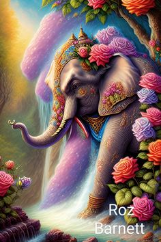 an elephant with flowers on its back is in the middle of a waterfall and surrounded by roses