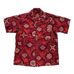 "Vintage 1970s 70s Red / Orange Tiki Style Hawaiian Aloha Shirt Mens Size M Medium Condition: This item is in great pre-owned condition. Material: Cotton Size: There is no size tag but this item fits like a Mens Size Medium Please refer to measurements for exact fit. Measures: Chest (armpit to armpit): 22\" Sleeve (shoulder to sleeve end): 9\" Length (back neck seam to bottom): 27\" Note: Pre-owned items may have minor imperfections, we do our best to represent each piece with high quality pictu Cheap Red Retro Hawaiian Shirt, Retro Printed Hawaiian Shirt, Red Retro Shirt With Camp Collar, Retro Red Shirt With Camp Collar, Retro Red Short Sleeve Camp Shirt, Vintage Red Camp Shirt With Camp Collar, Red Retro Hawaiian Shirt For Vacation, Retro Red Hawaiian Shirt For Vacation, Casual Red Shirt With Retro Print