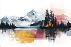 an artistic painting of mountains and trees reflected in the still waters of a mountain lake