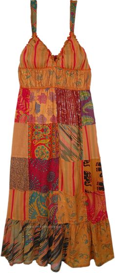 A boho chic hippi delicate cotton voile patchwork dress with orange-rust over dye. The bralette to style dress is obviously sleeveless and has elastic on the neck for a snug fit, and smocking elastic all over around the bust area. #tlb #Patchwork #Printed #bohemianfashion #patchworkdress Brown Cotton Patchwork Dress, Orange Sleeveless Patchwork Dress, Bohemian Patchwork Dresses For Summer, Bohemian Patchwork Summer Dress, Orange Bohemian Cotton Dress, Orange Cotton Patchwork Dress, Bohemian Brown Dress With Patchwork, Fitted Hippie Dress With Patchwork, Fitted Hippie Patchwork Dresses