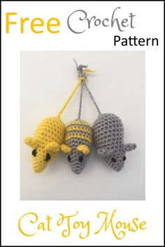 two crocheted mice are hanging on a string with the caption free crochet pattern