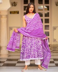 Cotton Dress Set - Purple Colored Dabu Print - www.riafashions.com Sleeveless Kurti, Cotton Anarkali Kurta, Colourful Dress, Dabu Print, Cotton Anarkali, Anarkali Kurti, Kurtis With Pants, Cotton Dupatta, Kurta Designs Women