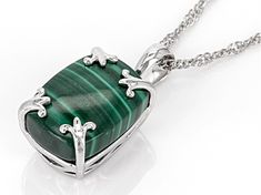 14x10mm Malachite Rhodium Over Sterling Silver Solitaire Pendant with Chain. Measures Approximately 0.81"L x 0.39"W. 18" Singapore Chain with Lobster Claw Clasp. 2" Extender. Green Oval Jewelry With Adjustable Chain, Green Oval Pendant Jewelry With Adjustable Chain, Green Malachite, Pendant With Chain, Solitaire Pendant, Lobster Claw, Singapore, Sterling Silver, Chain