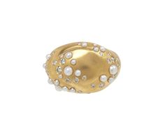 Inspired by hope for tomorrow and perfectly combining classic materials with modern design, this Nada Ghazal ring is a playful take on the traditional cocktail ring. The three dimensional 18K yellow gold ring face is encrusted in a surface of sparkling, round white diamond pavé alongside smooth, round white pearls and sits at the center of the 18K yellow gold band. 18K yellow gold ring face : just under 5/8" x 7/4"white diamonds : vary : 1mm diameter to 2mm diameter each : ~.75cttwpearls : vary Hope For Tomorrow, Bold Makeup, Body Piercings, Oval Ring, Oval Rings, 18k Yellow Gold Ring, Precious Gems, Yellow Gold Ring, Gold Band