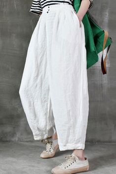 #white #linen #anklepants #summer Baggy Harem Pants For Vacation, Non-stretch White Harem Pants For Spring, Non-stretch Wide Leg Pants For Summer, Baggy Harem Pants For Beach And Spring, Solid Color High-waisted Harem Pants For Spring, White Plain Bottoms For Summer, Plain White Summer Bottoms, Non-stretch Summer Harem Pants, High Waisted Harem Pants For Summer