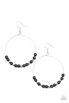 Dainty silver beads and earthy black stone beads slide along a dainty silver hoop for a seasonal look. Earring attaches to a standard fishhook fitting. Sold as one pair of earrings. Bedazzled Jewelry, Black Stone Earrings, Fashionable Jewelry, Paparazzi Accessories, Beaded Hoop Earrings, Beaded Hoops, Black Earrings, Paparazzi Jewelry, Black Stone