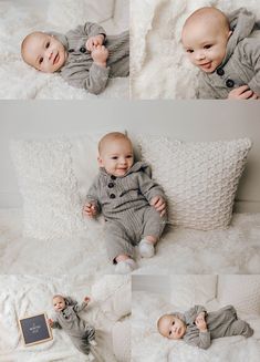 a baby laying on top of a white blanket