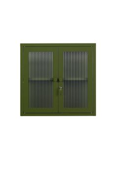 a green cabinet with two doors on the front and one door open to reveal something