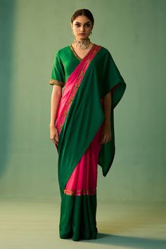 Green and pink habutai silk saree with dori, marori and zardosi hand embroidery. - Aza Fashions Indian Colour Combinations, Festive Pink Raw Silk Pre-draped Saree, Pink Raw Silk Saree With Dori Work, Pink Raw Silk Pre-draped Saree With Resham Embroidery, Transitional Pink Raw Silk Pre-draped Saree, Pink Pre-draped Saree In Raw Silk With Resham Embroidery, Pink Raw Silk Pre-draped Saree With Dupatta, Pink Silk Pre-draped Saree With Dori Work, Traditional Drape Pre-draped Saree With Pallu In Raw Silk