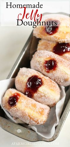 homemade jelly doughnuts in a pan with jam on top and the words homemade jelly doughnuts above them