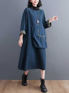 Sku CY-!125365 Material < 30% Polyester , Denim , >70%Cotton Style Loose , A-line , Long Sleeves Feature Pockets , Fringed , Split-joint Neckline Round-neck Occasion Vintage , Leisure Fashion Seasons Spring , Autumn Type Midi Dresses Color BLUE Size M,L,XL,2XL Please consult the size chart we provide for this item's measurements to help you decide which size to buy.Please note: There may be 1-3cm differ due to manual measurement. CMINCH Bust Raglan Sleeve Length Sleeve Opening M 132 62 110 32 L Non-stretch Blue Denim Dress For Fall, Indigo Long Sleeve Denim Dress With Pockets, Blue Denim Winter Dress, Blue Denim Dress For Winter, Winter Blue Cotton Denim Dress, Indigo Long Sleeve Dress With Pockets, Washed Blue Long-sleeve Dresses With Pockets, Long Sleeve Washed Blue Dresses With Pockets, Washed Blue Long Sleeve Dress With Pockets