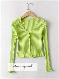 Women Green Button up Long Sleeve Ribbed Cardigan with Frill Trims V Neck Ribbed Knit top Trendy Ribbed V-neck Cardigan, Green V-neck Cardigan For Spring, Summer Green V-neck Sweater, Green V-neck Sweater With Button Closure, Green V-neck Cardigan With Buttons, Green Long Sleeve Ribbed Cardigan, V-neck Sweater With Buttons For Spring, V-neck Button Sweater For Spring, Summer V-neck Ribbed Sweater