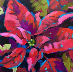 a painting of a red poinsettia flower with green leaves on black background