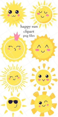 the sun clipart is shown with different faces