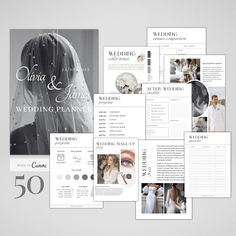 the wedding planner is displayed on top of a white background with black and gray images