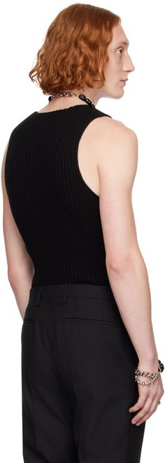 Rib knit cashmere tank top. Crewneck. Supplier color: Black Black Ribbed Cashmere Top, Fitted Cashmere Sleeveless Vest, Fitted Sleeveless Cashmere Vest, Sleeveless Cashmere Tops For Work, Black Sleeveless Fine Knit Tank Top, Black Fine Knit Sleeveless Top, Black Sleeveless Fine Knit Top, Dries Van Noten, Rib Knit