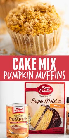 pumpkin muffins with chocolate frosting on top and an orange cake in the background