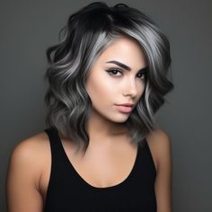 Grey Hair Around The Face, Hair Looks For Prom Medium Hair, Black And Smokey Grey Hair, Blending Grays Into Black Hair, Grey Hair Trend, Black And Grey Long Hair, Styles For Grey Hair Over 50, Smokey Silver Grey Hair, Smokey Silver Gray Hair