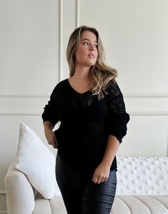 Curve Airy Crochet Sweater Plus Size Tops Black 1XL -2020AVE Trendy Knit Sweater For Loungewear, Trendy Knit Top For Fall Layering, Casual Relaxed Fit Knit Top For Fall, Trendy Knit Sweater With Cozy Fit, Trendy Relaxed Fit Knit Top For Fall, Chic Pointelle Knit Tops For Fall, Pointelle Knit Long Sleeve Sweater With Relaxed Fit, Long Sleeve Pointelle Knit Sweater With Relaxed Fit, Relaxed Fit Pointelle Knit Long Sleeve Sweater