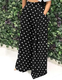 Black Polka Dot Wide Leg Bell-bottomed Pants Summer Polka Dot Pants With Elastic Waistband, Polka Dot Wide Leg Pants With Elastic Waistband, Polka Dot Wide-leg Pants With Elastic Waistband, Non-stretch Polka Dot Summer Bottoms, Black Ankle-length Summer Pants, Summer Wide Leg Polka Dot Pants, Casual Wide Leg Polka Dot Pants, Polka Dot Wide Leg Summer Pants, Casual Wide-leg Polka Dot Pants