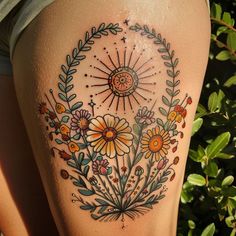 Artistic Wildflower Tattoo Sketches Field Of Flowers Tattoo Sleeve, Traditional Style Feminine Tattoo, Garden Flowers Tattoo, Bold Color Tattoo, American Traditional Vine Tattoo, Flower Peace Sign Tattoo, Floral Wreath Tattoo, Traditional Strawberry Tattoo, Floral Sun Tattoo