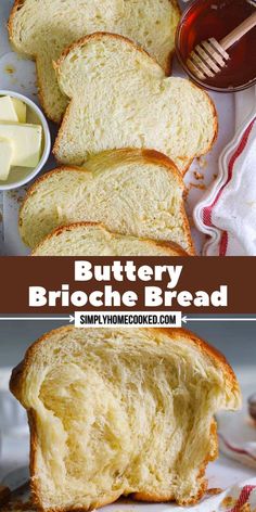 buttery brioche bread is cut in half and ready to be eaten with butter