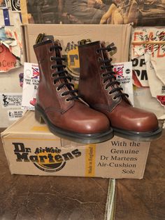 These are a very rare , truly original and extremely vintage pair of Dr Martens boots  These are 2990s original stocks. They were made at their factory in Northampton, England at a time considered their best stocks. This 8 hole boot has been finished in a fantastic Reddy brown abeline leather. Unusually, they have a small heel. Very unique. They are a UK size 6, European 39, USA ladies 8 Vintage Winter Moto Boots With Reinforced Toe, Vintage Leather Work Boots For Winter, Vintage Brown Rugged Boots With Round Toe, Rugged Vintage Brown Boots With Round Toe, Vintage Steel Toe Work Boots, Vintage Leather Moto Boots With Steel Toe, Vintage Brown Lace-up Winter Boots, Vintage Brown Lace-up Boots For Winter, Brown Vintage Boots For Fall