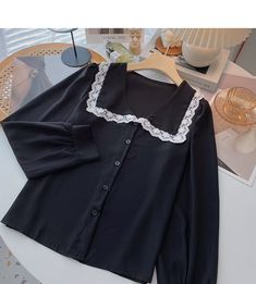 Style: commuting Size: one size Color: black, white Neck Designs, Long Sleeve Top, Bell Sleeve Top, Long Sleeve Tops, Sleeve Top, Shirt Designs, Long Sleeve Blouse, Black White, Lace