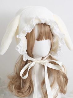 ❤Fur Lace Rabbit Ribbon Hat❤︎ Lace Hat, Girls Winter Hats, Cosplay Hair, Japanese Sweet, Bunny Hat, Bunny Costume, Warm Winter Hats, Ear Hats, Rabbit Ears