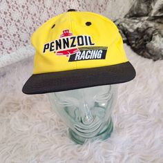 vintage 90s k products Pennzoil racing embroidered yellow baseball cap hat Size one size measures 22 inch circumference. can be bigger or smaller with adjustable strap made in the usa  funky retro vintage gat that is great casual streetwear street style for racing fans  Hat is pre owned and in excellent condition Retro Yellow Baseball Cap, Vintage Yellow Trucker Baseball Cap, Vintage Yellow Baseball Cap Trucker Hat, Vintage Yellow Trucker Hat, Yellow Vintage Trucker Hat, Vintage Yellow Snapback Trucker Hat, Vintage Yellow Snapback Baseball Cap, Yellow Baseball Cap, Doll Hats