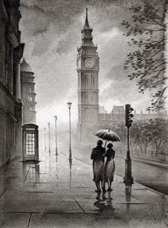 two people with umbrellas walking down the street in the rain near big ben, london