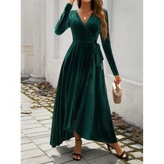 Season:Fall,Winter,Spring; Fabric:Polyester; Sleeve Length:Long Sleeve; Look After Me:Machine wash,Wash separately; Gender:Women's; Style:Vintage,Elegant; Elasticity:Micro-elastic; Occasion:Cocktail Party,Wedding Guest; Fit Type:Regular Fit; Dresses Type:Black Dress,A Line Dress,Wrap Dress; Pattern:Solid Color,Plain; Design:Bow,Tiered; Neckline:V Neck; Listing Date:08/01/2024; Bust:null; Length:null; Shoulder Width:null; Sleeve:null; Fit US Size:null; Fit UK Size:null; Fit EU Size:null; Dress Length Type:Maxi Dress; Print Type:non-printing Winter Wedding Dress Guest, Wedding Dress Guest, Backless Evening Dress, Winter Wedding Dress, Summer Fashion Dresses, Twirl Dress, Elegant Dresses For Women, Split Dress, Sleeve Midi Dress