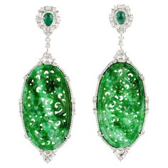 18kt:11.718g,D:2.807ct, ,Emerald:0.945ct,Jade:37.758ct,, Carved Jade, Head Jewelry, Diamond Dangle Earrings, Jade Carving, Jade Jewelry, Fine Jewellery Earrings, Underworld, Jewelry Silver, Oval Diamond