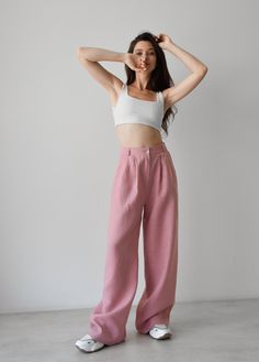 Pink linen trousers for women, High rise trousers, High waist wide leg linen pants, Womens trouser, Linen palazzo pants Loose pleated pants Women's summer casual linen trousers with stylish and practical design. Classic solid color, wide leg for air circulation, loose fit comfy and relax, 2 slant pockets. Wide leg trousers for women pair with camisole, tank top and sandals suitable for summer beach, vacation, holiday, daily leisure. It's ok to combine them with a blouse for work ■ color: pink av Pink Linen Trousers, Womens Trouser, High Rise Trousers, Summer Pants Women, Baggy Trousers, Pants Loose, Wide Leg Linen Pants, Linen Style, Pink Linen