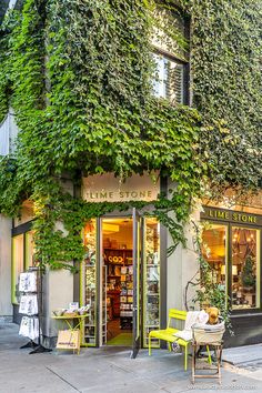 the store is covered in green ivys and has tables with yellow chairs outside it