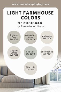 Light Sherwin-Williams Farmhouse Colors For Interior Space Popular House Colors Interior, Whole House Paint Colors 2023 Sherwin Williams, Whole House Paint Scheme Light And Airy, Farmhouse Paint Pallet Sherwin Williams, Foyer Paint Color Ideas Sherwin Williams, Wintersweet Gray Sherwin Williams, Sherman Williams Farmhouse Colors, Farmhouse Sherwin Williams Paint Colors, Light French Gray Living Room