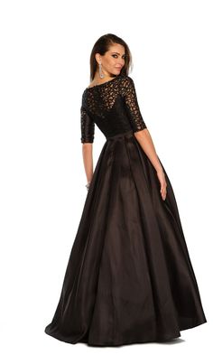 Long black a-line ball gown with sheer long sleeve bodice. Dama Dresses Quinceanera, 1500 Dresses, Designer Formal Dresses, Dama Dresses, Military Ball Dresses, Long Formal Dress, Prom Ball Gown, Long Evening Dress, Taffeta Dress