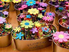 many flower pots with flowers in them sitting on a table