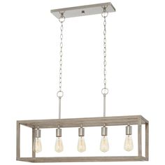 a rectangular light fixture with four lights hanging from it's sides and two bulbs on the