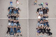 four different shots of people laying on the ground with their arms in the air and one person standing behind them