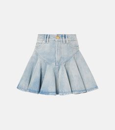 Pleated denim miniskirt in blue - Balmain | Mytheresa Fitted Mini Denim Skirt, Fitted Cotton Denim Mini Skirt, Cotton Mini Skort In Medium Wash, Medium Wash Cotton Mini Skort, Chic Medium Wash Cotton Mini Skirt, Spring Mini Cotton Skirt, Chic Light Wash Cotton Mini Skirt, Chic Cutoff Cotton Skirt, Medium Wash Cotton Mini Skirt