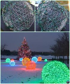 the christmas tree is lit up with colorful lights in front of it, and there are several balls on the ground